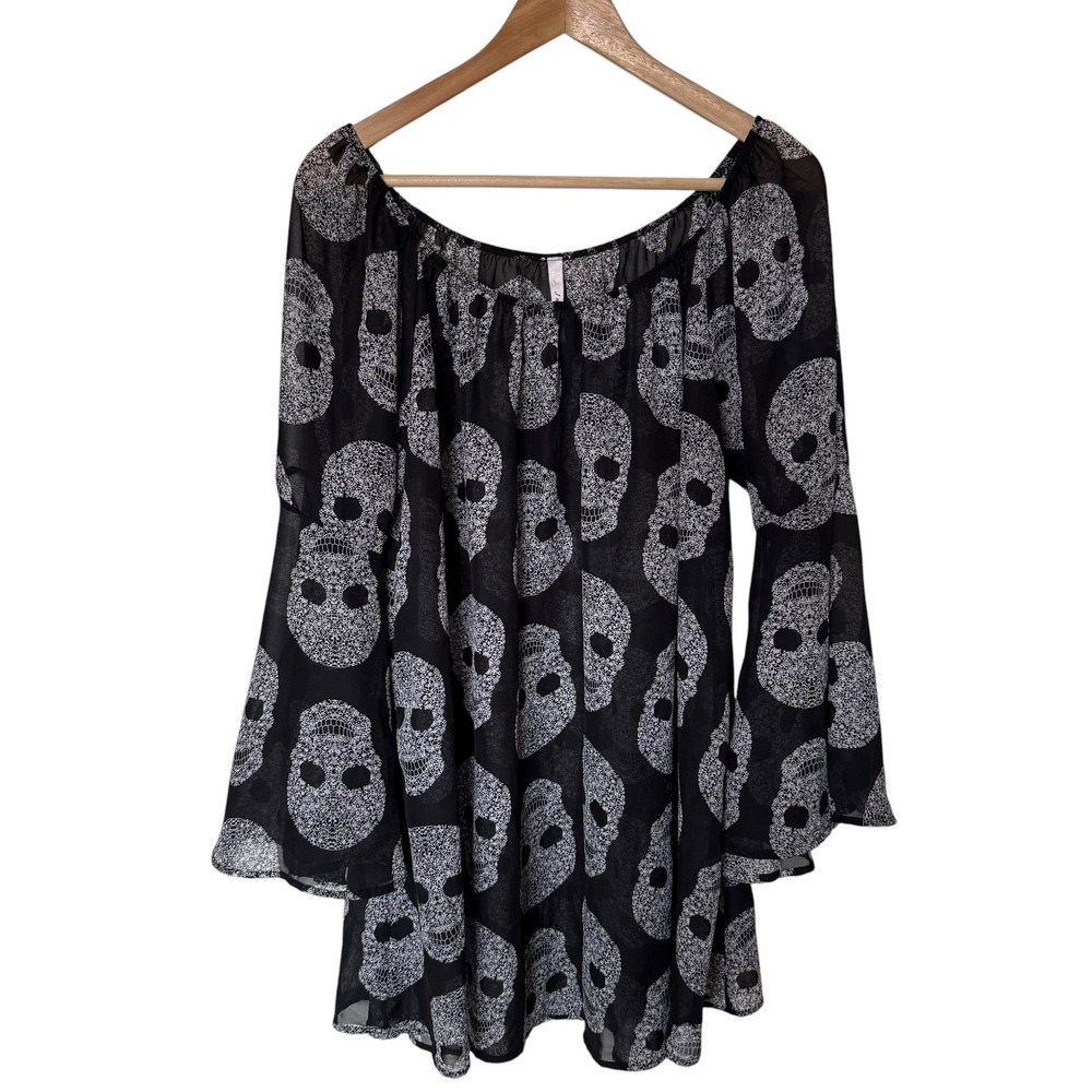 J mode USA Skull Tunic Women L Black White Excellent Sheer Bell Sleeve Goth Top